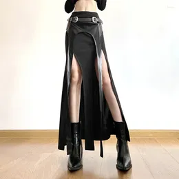 Skirts Grunge Punk Irregular Party Long Cyber Gothic Y2k Faux Pu Patchwork Midi Skirt Women Techwear Sexy Split Bottom