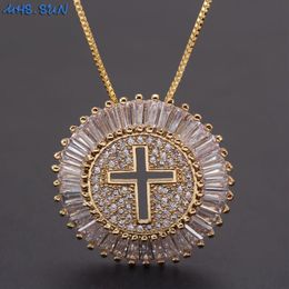 MHS SUN Luxury Round CZ Zircon Necklace Catholic Cross Pendant Chain Necklace Collier Femme Gold Colour Jewellery Christmas Gift235g