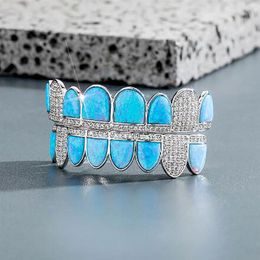 14K CZ Vampire Teeth Grillz Iced Out Micro Pave Cubic Zircon BLUE Opal 8 Tooth Hip Hop Grill Top Bottom Mouth Grills Set with Sili2071