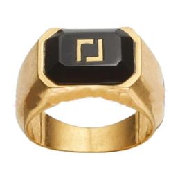 Rings Fashion Luxury Band Black Gemstone Rings Men Lady Brass Engraved Hollow Out F Letter 18K Gold Wide Ring Women Jewelry Gifts FRN