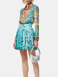 Work Dresses Retro Spring And Summer Butterfly Print Lapel Long Sleeve Shirt Two-piece Waist Pleated Skirt Women's Fashion Suit