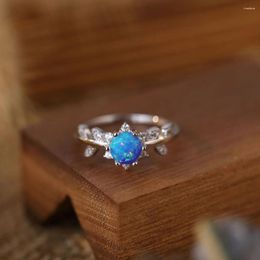 Cluster Rings S925 Silver Blue Opal Women Leaf Finger Ring Female Vintage Zircon Platinum Plated Luxury Jewellery Girl Gift Lady Party