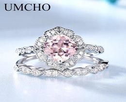 UMCHO Solid Sterling Silver Morganite Rings For Women Engagement Anniversary Band Ring Set Pink Gemstone Valentine039s Gift LY12751506