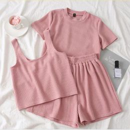 Skirts Heliar Pink Oneck Tshirt and Shorts and Camis Women Three Pcs Sets Pants Sets Femme Female Outfits 2022 Summer Suits Women
