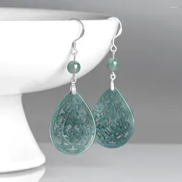 Dangle Earrings 925 Silver Natural Myanmar Emerald Green Jade Hollow Out Phoenix DIY Jewellery Hand-Carved Woman Luck Amulet Gifts