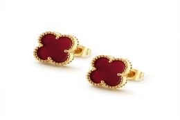 lucky Fashion Red 4 Leaf Clover Women Stainls Steel Stud Earrings Jewelry four leaf clover brand earring2331410