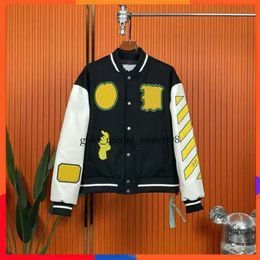 Off White Autumn Winter Brand Jacket New Coat Male and Female Lovers Ow Heavy Industry Embroidered Wool Spliced Leather Sleeve 196