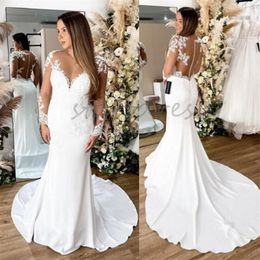 Plus Size Meerjungfrau Hochzeitskleid Illusion Weißes Strandbrautkleid 2024 Sweep Zug Landhausstil Langarm Prinzessin Applikationen Brautkleider Vestidos De Novia Chic