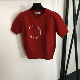 24SS Damen-Designer-T-Shirt, Designer-Oberteile mit Buchstaben-Perlen-T-Shirt, Mädchen, Milan Runway Crop Tops, Marken-Designer-Pullover-Hemd, Oberbekleidung, Strickpullover mit langen Ärmeln