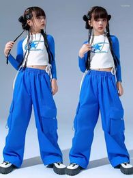 Stage Wear Jazz Dance Clothes Hip Hop Kids Costume Girls Tops Blue Pants Long Sleeves Practice Clothing Modern Performance 11820