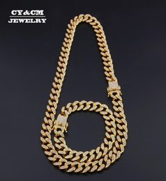 Heavy Miami Cuban Link Chain Bracelet Necklace Set Gold Silver Plated Choker Men039s Hip hop Full Rhinestones Women Punk Neckla1918067