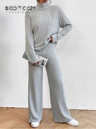 2023 Autumnwinter Women Casual Set High Neck Knitted Solid Colour Set Ladies Sweater Loose Pants Two Piece Set Long Sleeve Top 231225