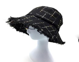 Women Plaid Tweed Bucket Hat With Gold And Silver Lurex Ladies Girls Black Cheques Hats Raw Edges Female Warm Winter Wide Brim4796925