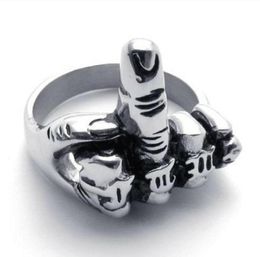 2017 NEW Fashion Jewelry Titanium Stainless Steel Classic Biker Silver Men039s Erect Middle finger Ring US 8156711887