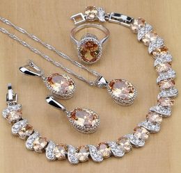 925 Sterling Silver Bridal Jewelry Champagne Zircon Jewelry Sets For Women Earringspendantnecklaceringsbracelet T1907053755016