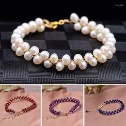 Strand Handmade Braided Pearls Lapis Lazuli Garnet Amazonite Amethyst Stones Friendship Bracelets Bangles Women Lucky Yoga Jewellery Gift