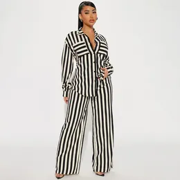 Women's Two Piece Pants LEDP 2023 Autumn Striped Elegant Young Office Lady Nature Casual Set Shirt Full Sleeve Long Wide Leg Women 2