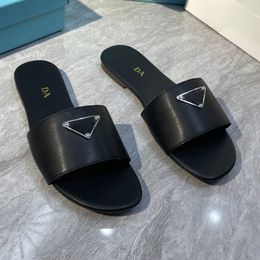 Italy Luxury Fashion Women Designer Slippers Classic Triangle Sign Flat Bottom Anti slip Indoor Bathroom Slippers Luxury Genuine Leather Round Head Brand Sandals