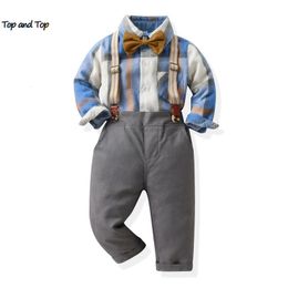 top and top Toddler Kids Boys Gentleman Clothing Sets Long Sleeve Plaid Bowtie ShirtsSuspenders Pants Outfits for Christmas 231225