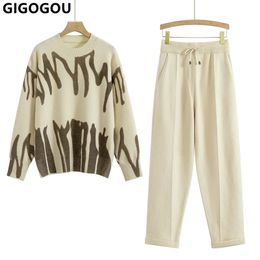 GIGOGOU Two Piece Women Autumn Winter Sweater TrackSuit OverSized Harem Pant Suits Lady Casual Warm Knitted Set 231226