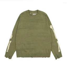 Men's Sweaters High Street Men Crew Neck Women Pullover Green A Hole Breaking Loose Knit Jacket Higher Quality