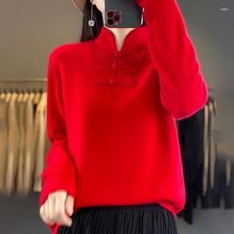 Women's Sweaters Chinese Style Retro Pan Cut Pure Wool Sweater For Autumn And Winter Ethnic Cheongsam Collar Knitted Bottom Swe