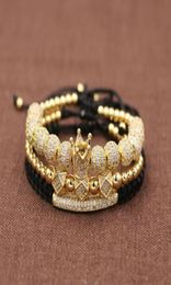 3pcsSet Hip Hop Gold Crown Bracelets 8MM Cubic Micro Pave CZ Ball Charm Braided Braiding Man Luxury Jewellery Pulseira Bileklik Bea6669346