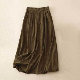 Skirts Women's Spring And Autumn Casual High Waist Mid Length Half Skirt Vintage Corduroy Body Solid Colour Long