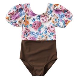 set Retro Flower Kids Swimsuit OnePiece Toddler Girls Bathing Suit Puff Sleeve Baby Girls Swimwear Vacation Infant Clothes Summer