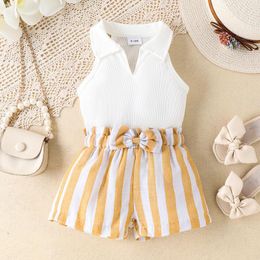 Clothing Sets FOCUSNORM 0-3Y Fashion Baby Girls Summer Clothes 2pcs Sleeveless Lapel Ribbed Vest Tops Striped Bow Shorts