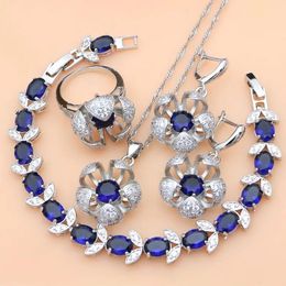 Bracelets Flower Shaped Sterling Sier Bridal Jewellery Sets Blue Sapphire White Cz for Women Earrings/pendant/ring/bracelet/necklace