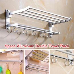 Racks Towel Rack Double Towel Rack Bar DoubleLayer Punching Convenient Multifunctional Foldable Organiser Wall Mount Hook