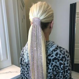 Luxury Rhinesotne Ponytail Long Tassel Accessories Headwear for Women Bling Crystal Hair Comb Pin Head Chain Jewelry172e