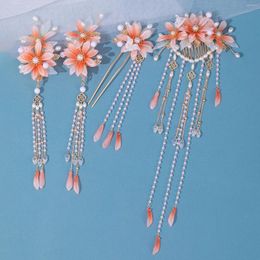 Hair Clips Chinese Accessories Orange Red Flower Hairpins Pearl Tassel Combs U Shaped Sticks Luxury Jewellery For Women