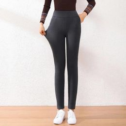 Women's Leggings Thickened Wool Autumn Winter Thermal Warm Elastic Waist High Rise Solid Colour Stretchy Tight Trousers