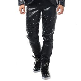 Idopy Men's Faux Leather Pants Studded Punk Style Rivets Black Party Stage Performance Holiday Cosplay PU Trousers For Male 231226