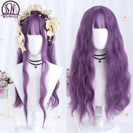 MSIWIGS Long Wavy Purple Cosplay Synthetic Wigs Lolita Halloween With Bangs for Women Party Dailly Heat Resistant Wig 231226