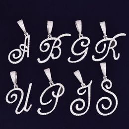 New Iced Out A-Z Single Cursive Letter Pendant Necklace With 24inch Rope Chain Hip Hop Jewelry224e