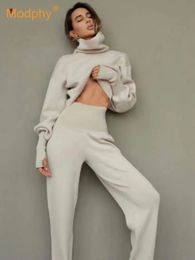 Turtleneck Sweater 2 Pieces Set Women Setchic Knitted Pullover Top Sweater Pants Jumper Tops Trousers Sweater Suit Winter 231226