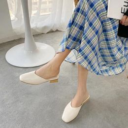 Slippers Brief Chunky Wooden Low Heels Cover Toe Women Retro Square Mules Slides Anti-skid Slingback Sewing Sandalias Mujer