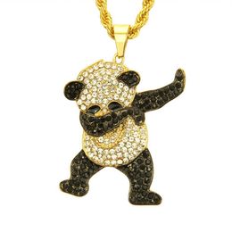 Rhinestone Luxury Hip Hop Jewelry Gold Silver Dancing Funny Panda Animal Pendant Iced Out Rock Hip Hop Designer Necklaces Gift for302l