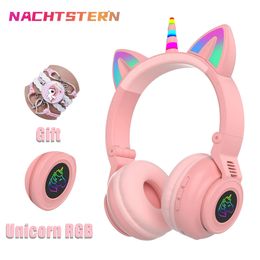 Headphones RGB Unicorn Kids Wireless Headphones With Mic Control RGB Light Girls Music Stereo Earphone Mobile Phone Children's Headset Gift