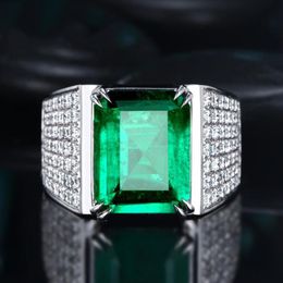 New Arrival Luxury Jewelry Big Emerald Gemstones 925 Sterling Silver Male Jewelry Pave Cubic Zircon CZ Diamond Wedding Band Ring f255L