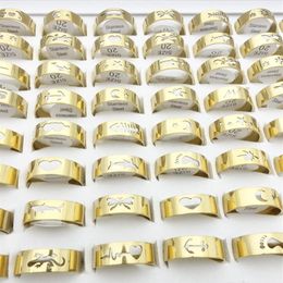 Whole 100PCS Stainless Steel Band Rings For Men Laser Cut Mixed Patterns Fashion Jewellery Womens Ring Size 17-21mm Golden Plate280N