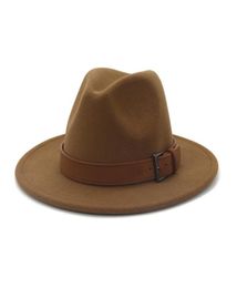 High Quality Men Women Fedora Panama Wool Felt Hat with Brown Belt Buckle Large Brim Jazz Trilby Cap Party Wedding Hat5296936