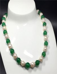 sell Natural 89mm white freshwater pearl green jade beads necklace 48cm fashion jewelry4649518