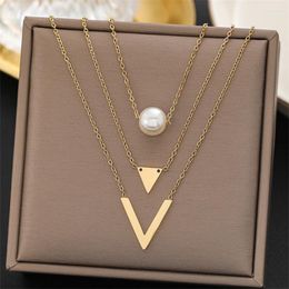 Pendant Necklaces 316L Stainless Steel 3 Layer Geometry Letter V Pearl For Women Fashion Jewelry Party Gift SAN1161
