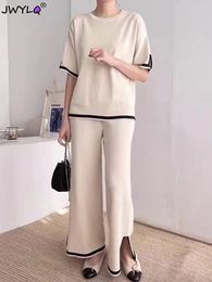 O-neck Short Sleeve Tophigh Waist Wide Leg Pants Womens Spring Summer Two Peice Sets Fashion Loose Slim Knitted Tracksuit 231226