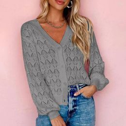 Women's Knits Women Cutout Cardigan Sweater Cropped V-neck Long Sleeve Single Breasted Crochet Knit Tops Puffed Ribbed Hem Jumpers