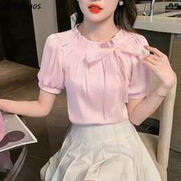 Women's Blouses Bloses Women Summer Sweet Solid All-match Comfortable Elegant Design Bow Korean Style Retro Fashion Simple Office Lady Loose